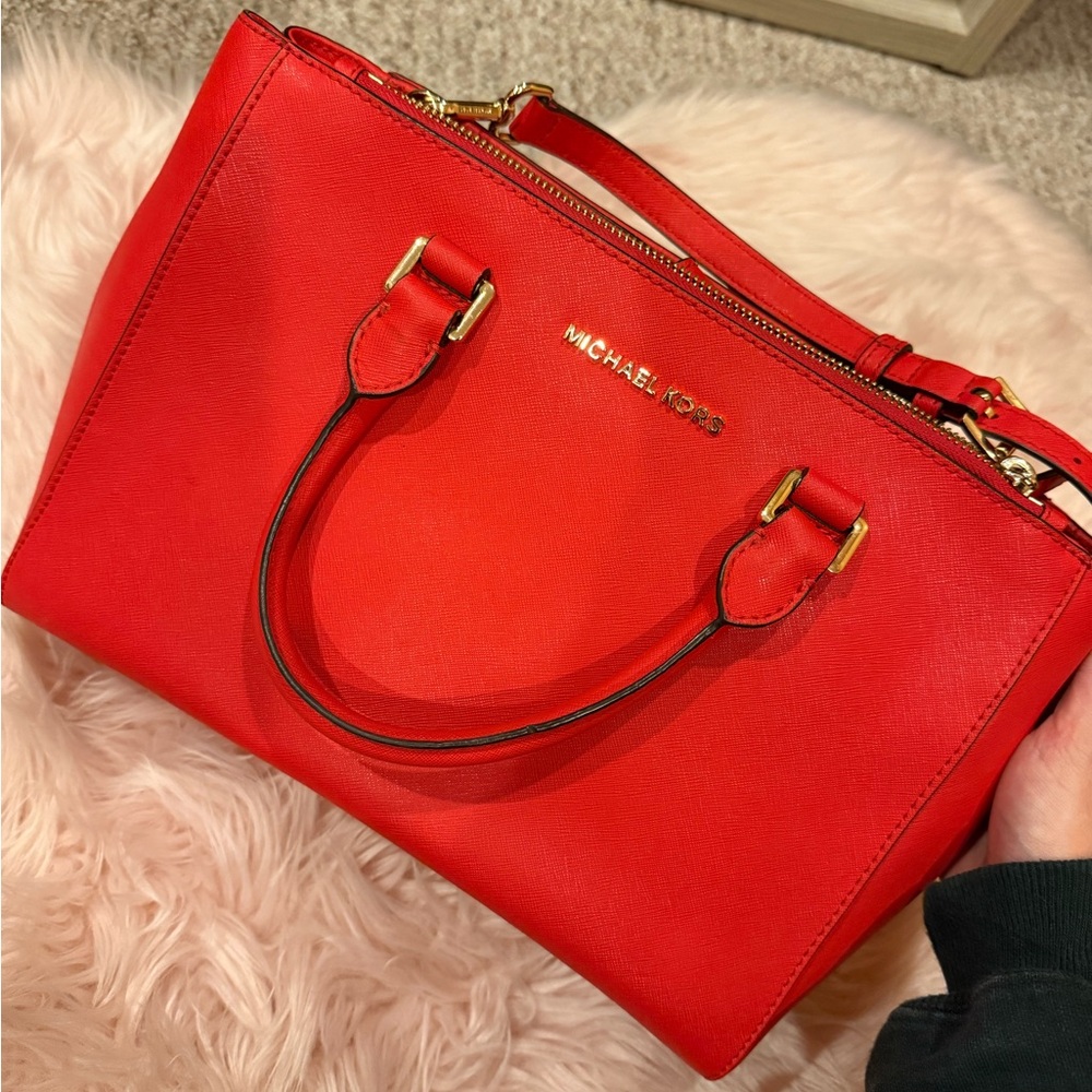 Michael Kors Red Tote with Gold-Tone Hardware and Pockets